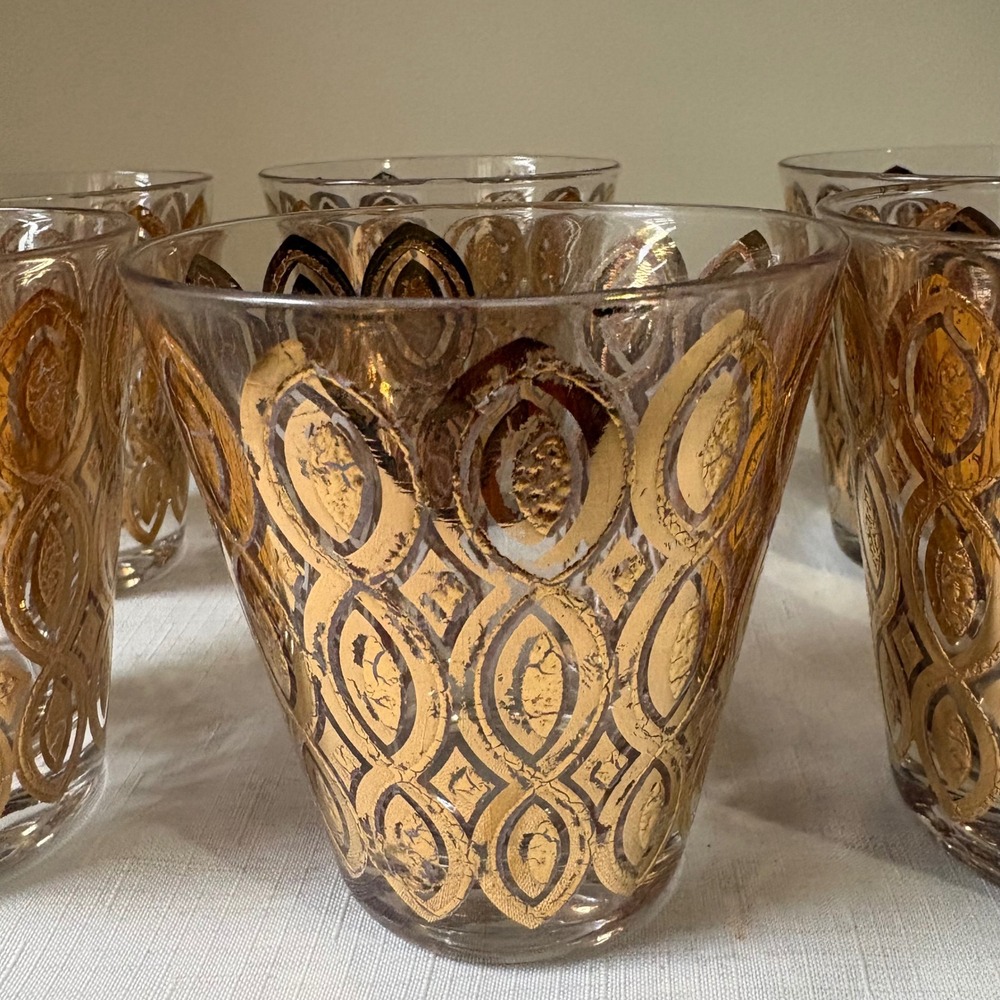 Vintage MCM Gold Geometric Rocks Glasses Set of 6 Culver Style Barware